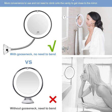 Charger l'image dans la galerie, Flexible Gooseneck 10" 10 X Magnifying LED Lighted makeup mirror,Bathroom Vanity Mirror with Strong Suction Cup, 360 Degree Swivel,Daylight,Cordless/Compact Travel Mirror
